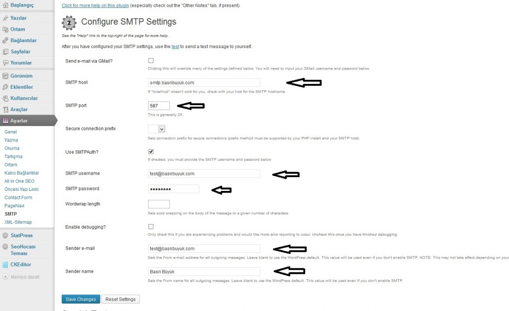 Configure SMTP Ekleti ayarları